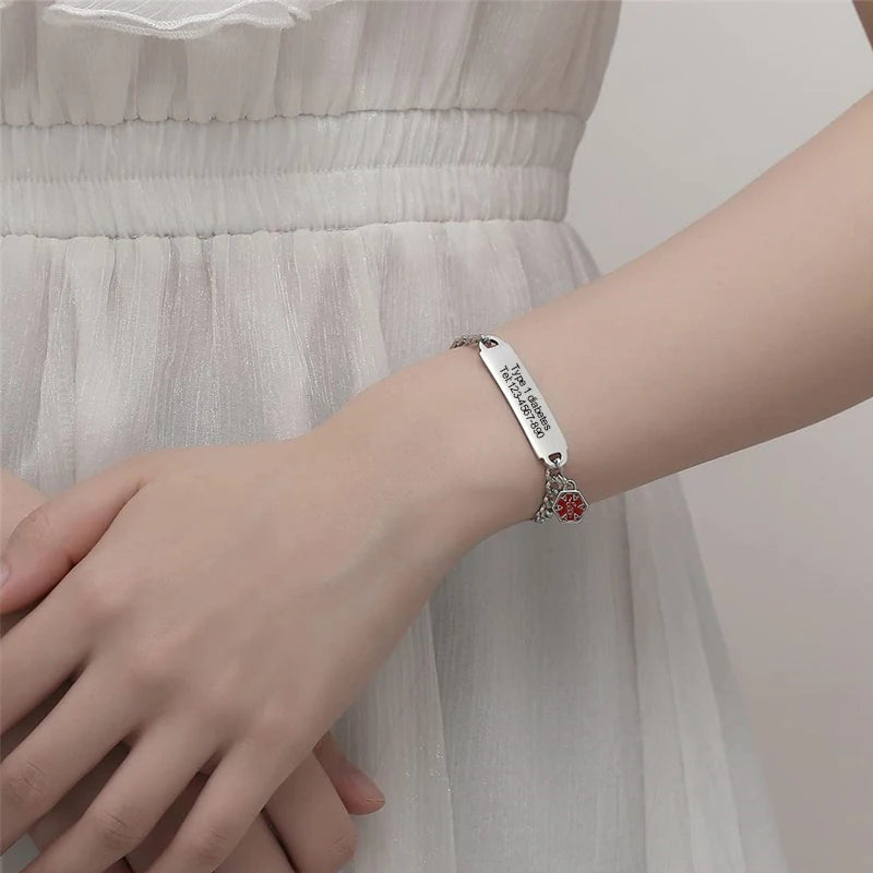 Guarded medical alert bracelet on wrist